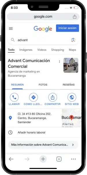 Celular mostrando la posición 1 de google - Advant agencia de marketing en Bucaramanga